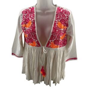 Asha Womens White Embroidered Boho Tunic‎ Shirt Pink Orange Bird Floral Size M